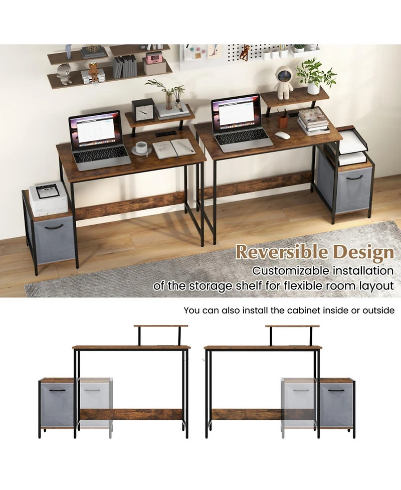 Gouun Reversible Computer Desk with Charging Station, Fabric Storage Drawer and Adjustable Shelf