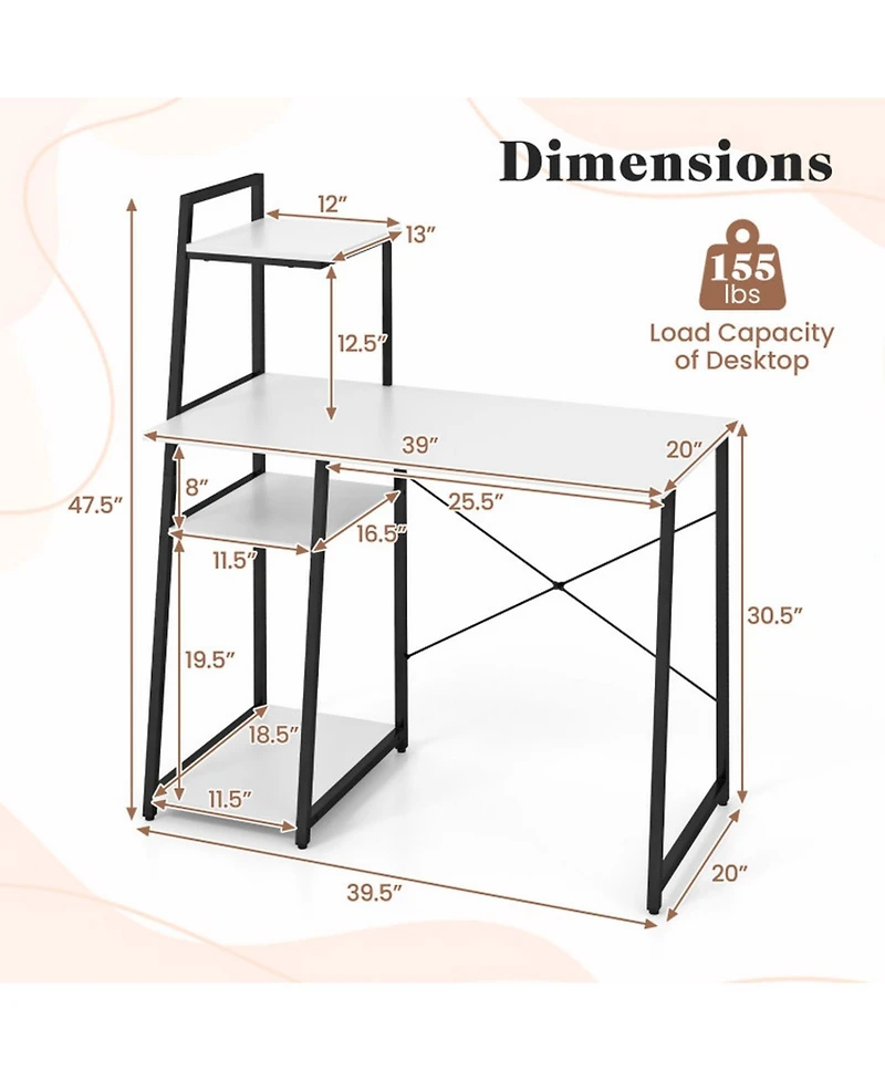 Gouun Computer Desk with 3-Tier Side Bookshelf, Anti-Fall Guard Rail and Adjustable Foot Pads