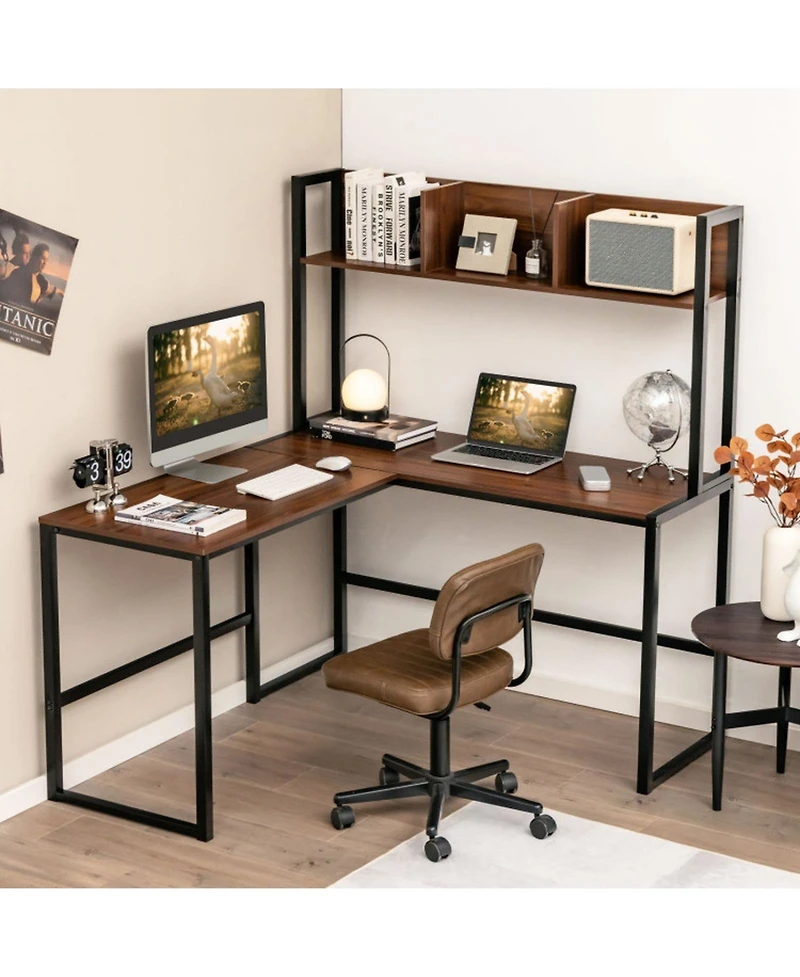 Gouun Reversible L-Shaped Corner Desk with Open Storage Hutch and Footrest Bars