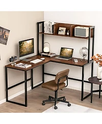 Gouun Reversible L-Shaped Corner Desk with Open Storage Hutch and Footrest Bars
