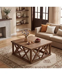 Tribesigns 39.37'' Solid Wood Coffee Table with Reinforced X-Frame, Farmhouse Square Coffee Table