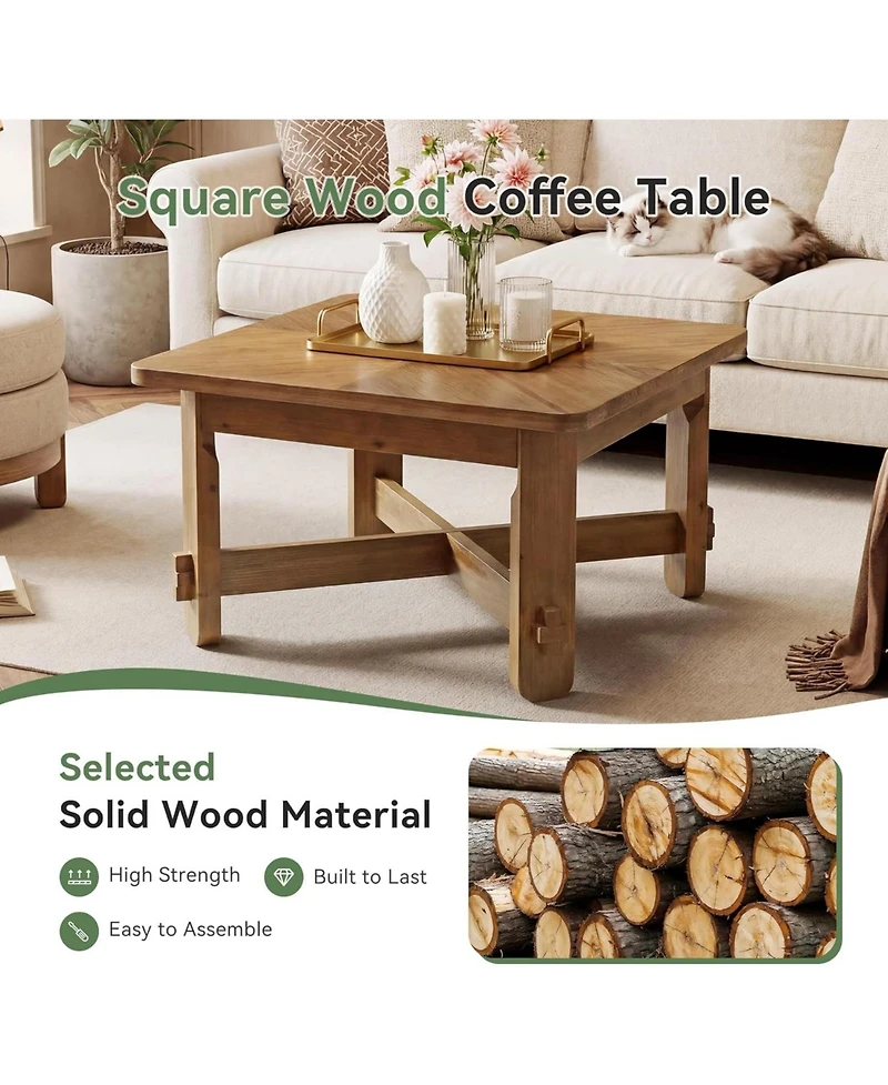 Tribesigns Solid Wood Square Coffee Table, 31.5" Farmhouse Accent Center Table with Sturdy Cross-braced Legs, Mid-Century Modern Tea Cocktail Tables