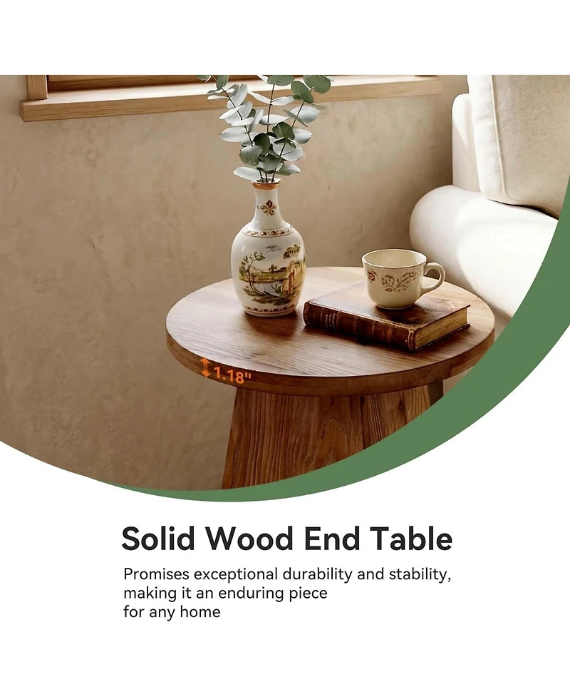Tribesigns Solid Wood End Table, 19" Round Side Table with Trapezoid Base for Small Spaces, Living Room, Easy Assembly