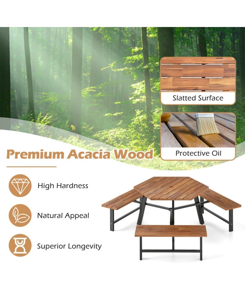 Gouun 6-Person Acacia Wood Picnic Table and 3-Bench Set with Umbrella Hole