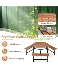 Gouun 6-Person Acacia Wood Picnic Table and 3-Bench Set with Umbrella Hole