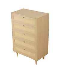 Sugift 5 Drawer Rattan Dresser, Modern Closet Chest with Metal Handles, Wood Legs