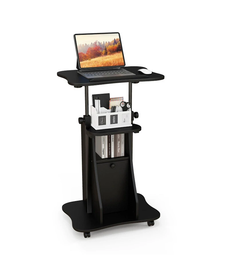 Gouun Mobile Standing Desk Cart with Adjustable Tilt Desktop, Cabinet and Open Shelves