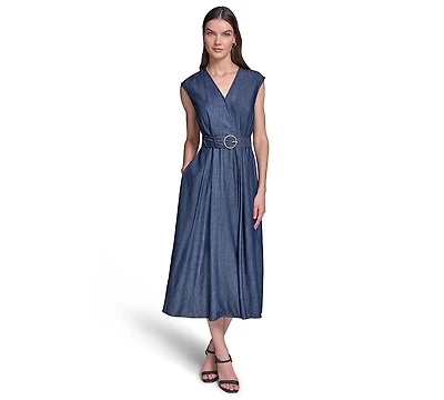 Karl Lagerfeld Paris Women's Surplus Flare Midi with Belt Dress