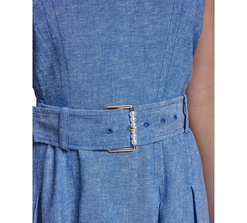 Karl Lagerfeld Paris Women's Fit and Flare Belted Midi Linen Dress