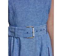 Karl Lagerfeld Paris Women's Fit and Flare Belted Midi Linen Dress
