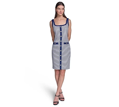 Karl Lagerfeld Paris Women's Striped Knit Square Neck with Button Detail Dress