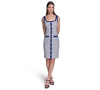Karl Lagerfeld Paris Women's Striped Knit Square Neck with Button Detail Dress