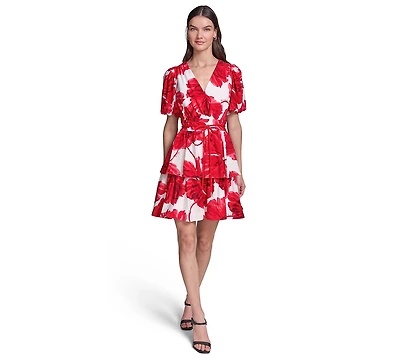 Karl Lagerfeld Paris Women's Crinkle Woven Puff Sleeve Fit and Flare Dress
