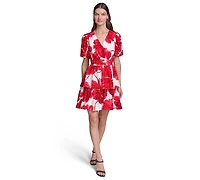 Karl Lagerfeld Paris Women's Crinkle Woven Puff Sleeve Fit and Flare Dress