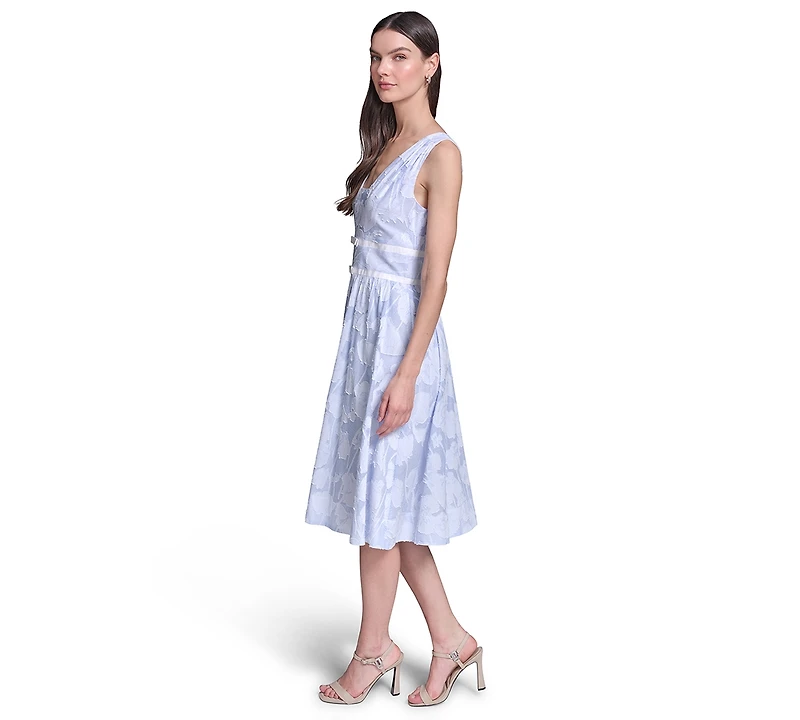 Karl Lagerfeld Paris Women's Floral Burnout Cotton Midi with White Piping Dress