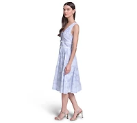 Karl Lagerfeld Paris Women's Floral Burnout Cotton Midi with White Piping Dress