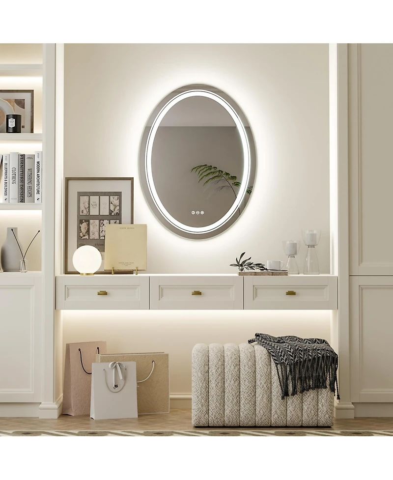 Luvodi Oval Led Bathroom Mirror 28"x20" Wall Mounted Makeup Mirror Dimmable, Memory, 3 Colors (Front Lights + Backlit)