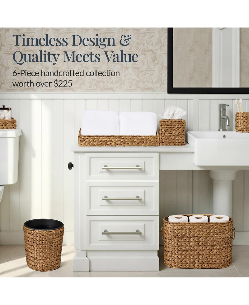 Best Choice Products 6-Pc Water Hyacinth Bathroom Storage Set, Includes Trays, Trash Bin, Toilet Paper Storage, Tissue Box Cover, Garbage Can