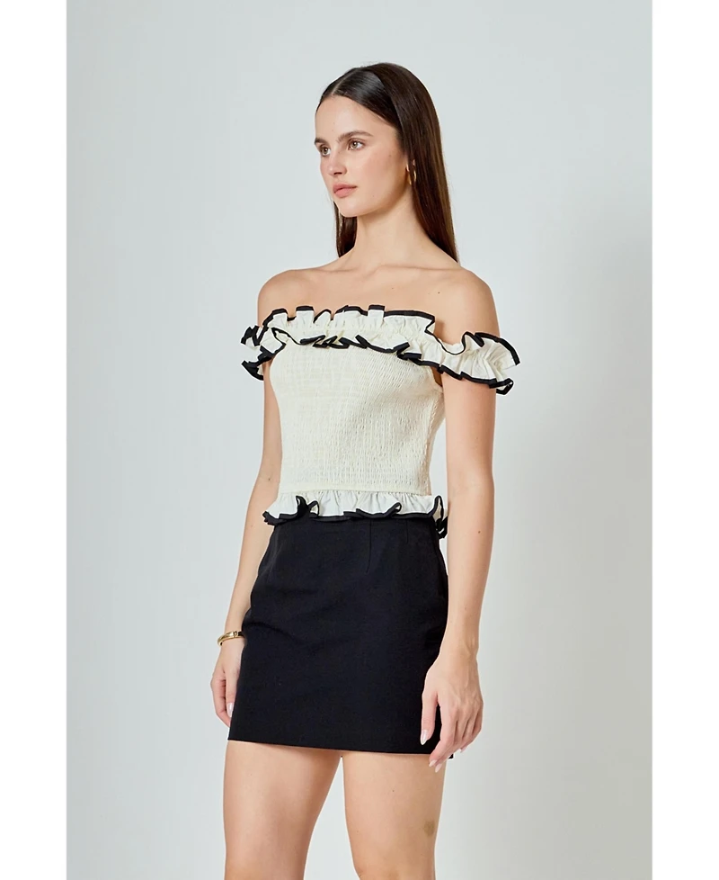 endless rose Women's Off the Shoulder Ruffle Smocked Top