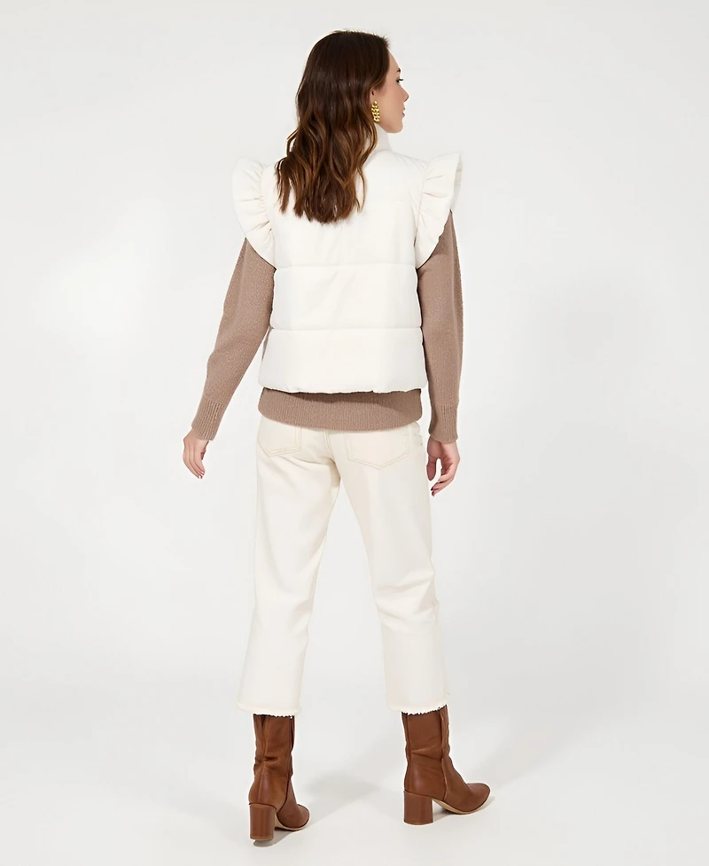 Modenaire Women's Lea Ruffle Shoulder Tie-Front Puffer Vest