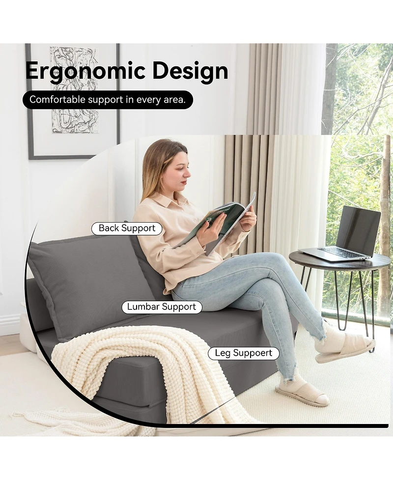 Rainsken Foldable Sofa Bed, 47.6'' Convertible Sleeper Chair, Corduroy Boneless Couch with 2 Pillows for Living Room, Home Office