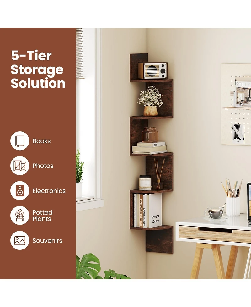 Gouun 5-Tier Wall Mounted Corner Shelf with Floating Design, 8 x 8 x 50