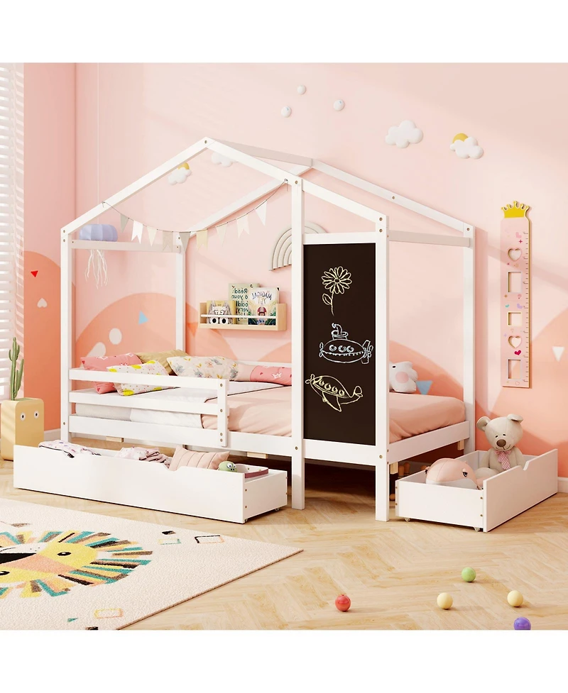Sugift Kids Twin Bed with Storage Drawers Solid Wood Blackboard Headboard