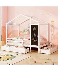 Sugift Kids Twin Bed with Storage Drawers Solid Wood Blackboard Headboard