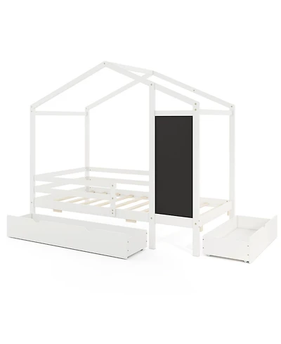 Sugift Kids Twin Bed with Storage Drawers Solid Wood Blackboard Headboard