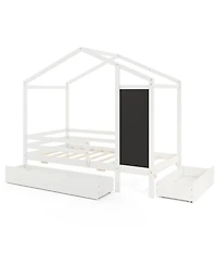 Sugift Kids Twin Bed with Storage Drawers Solid Wood Blackboard Headboard