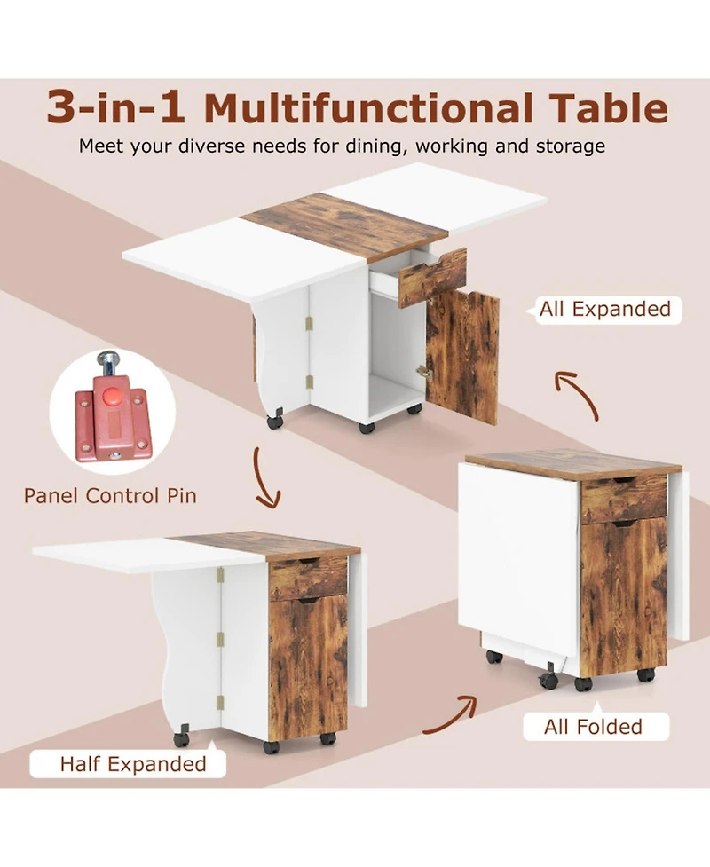 Gouun 3-in-1 Folding Drop Leaf Dining Table with Drawers, Cabinets, and Lockable Wheels