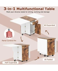 Gouun 3-in-1 Folding Drop Leaf Dining Table with Drawers, Cabinets, and Lockable Wheels