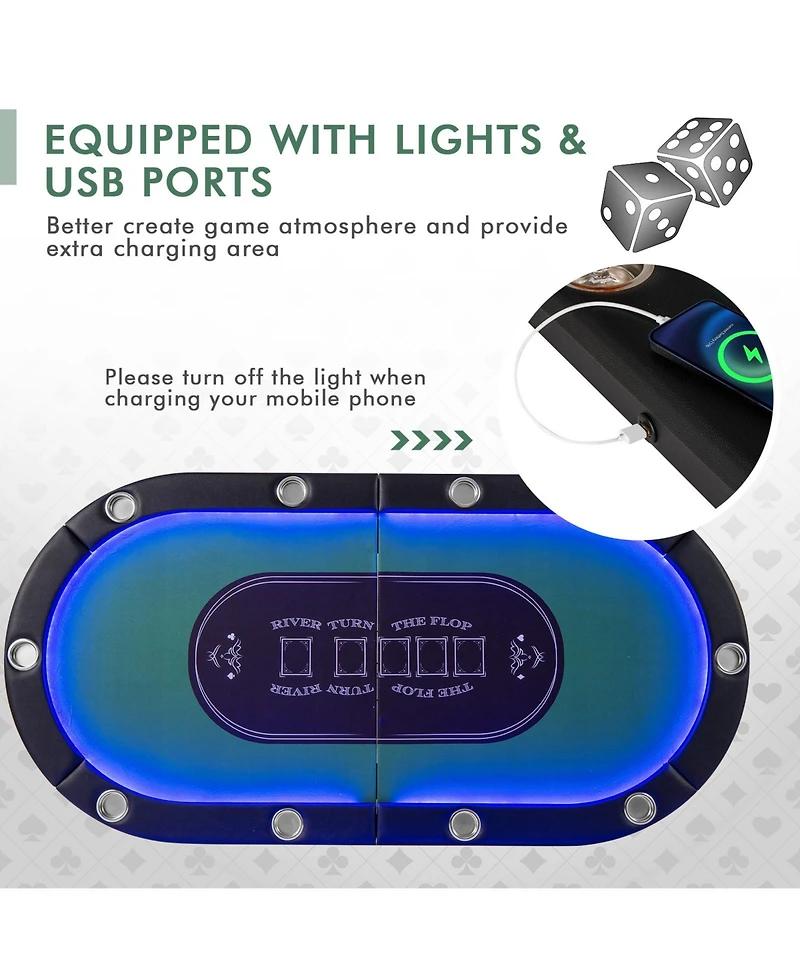 Slickblue Foldable 10-Player Poker Table with Led Lights and Usb Ports Ideal for Texas