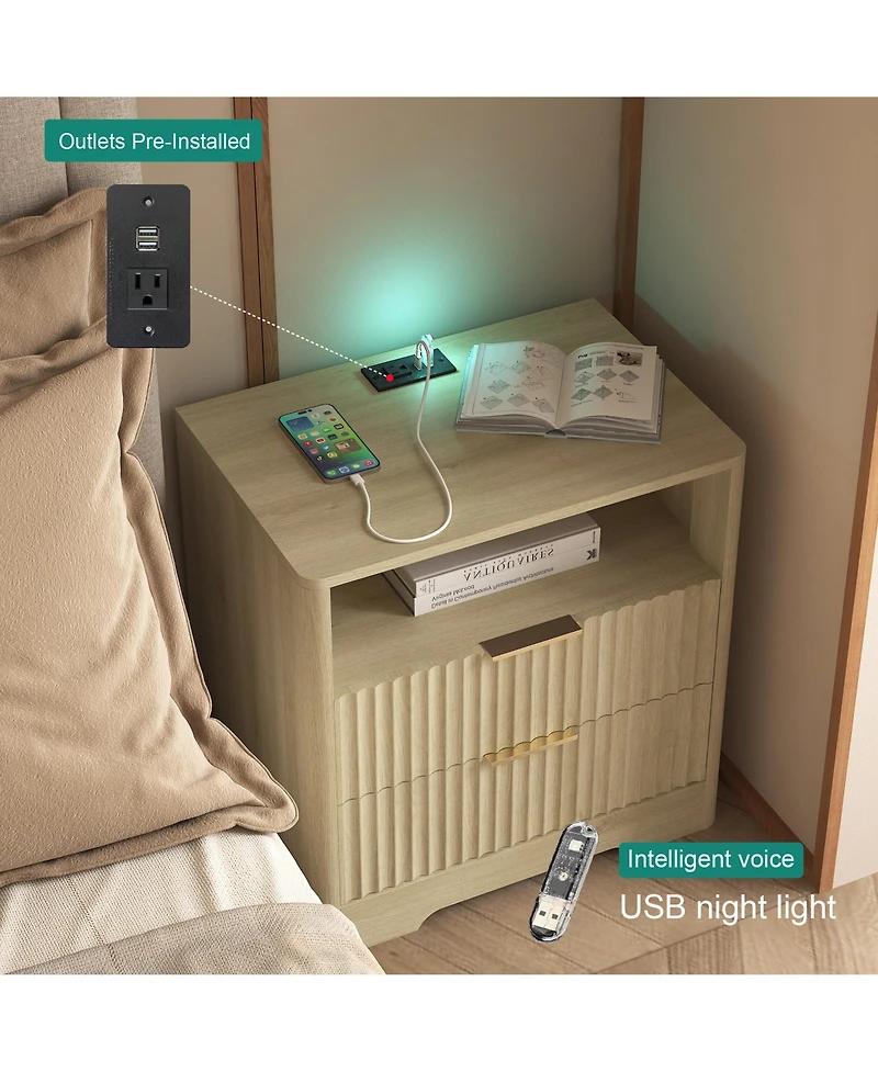 Rainsken Nightstand with Charging Stations and Night Light, 2-Drawer Bedside Table with Open Storage Shelf for Bedroom, Living Room