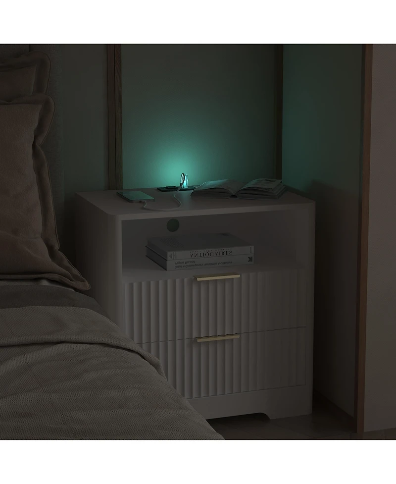 Rainsken Multi-Storage Nightstand with 2 Drawers, Open Shelf, Built-in Charging Station and Night Light for Bedroom and Living Room