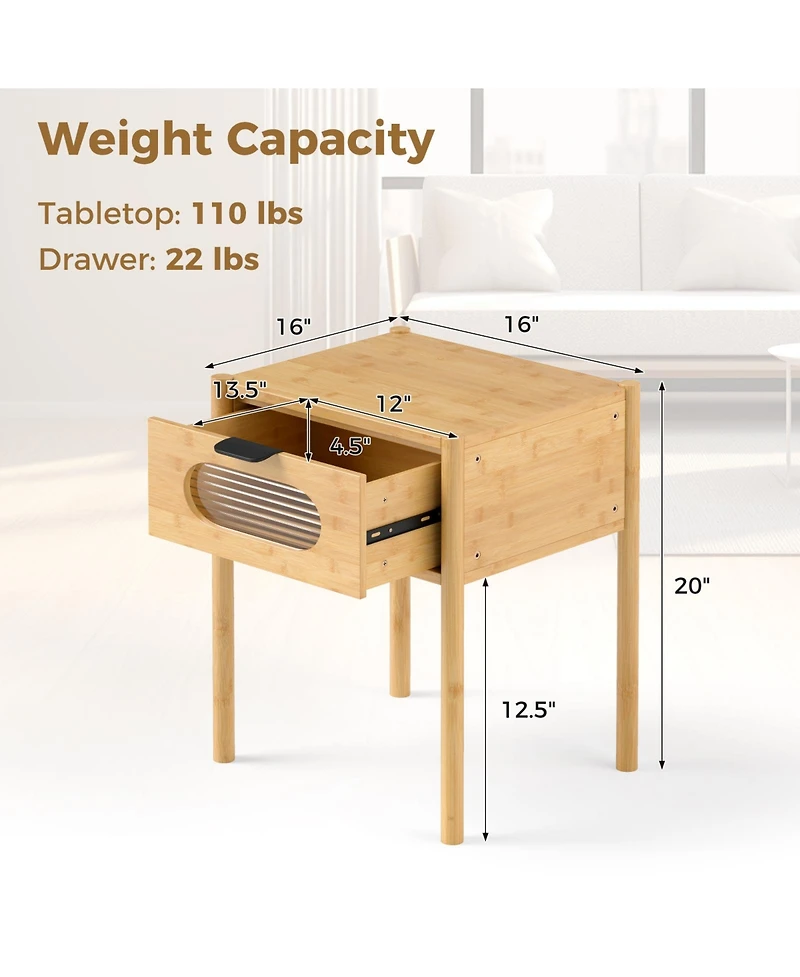 Sugift Bamboo Nightstand Square Tall End Table with Decorated Drawer