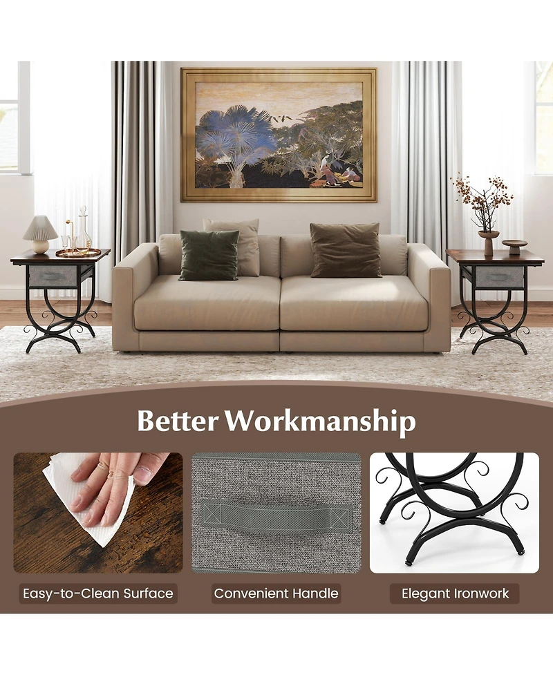 Sugift Side Table with Fabric Drawer and Carved Metal Frame for Living Room