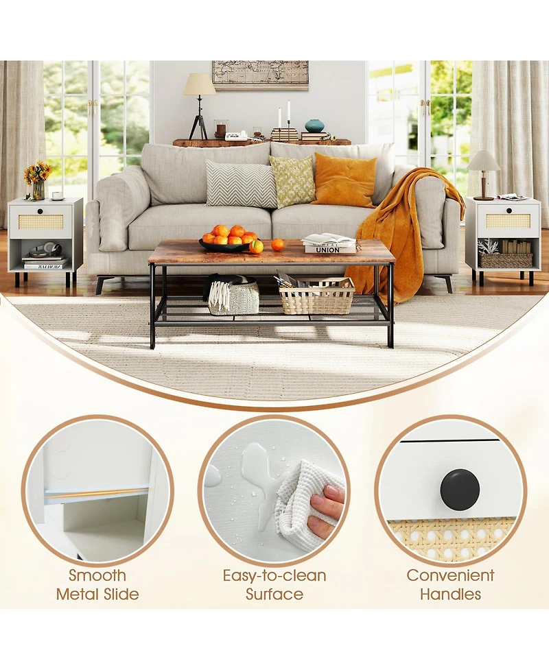 Sugift Rattan Nightstand Boho End Table with Rattan Drawer and Open Shelf