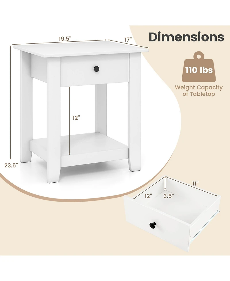 Sugift Set of 2 Nightstand with Drawer 3-Tier Modern Bedside Table with Open Shelf and Storage