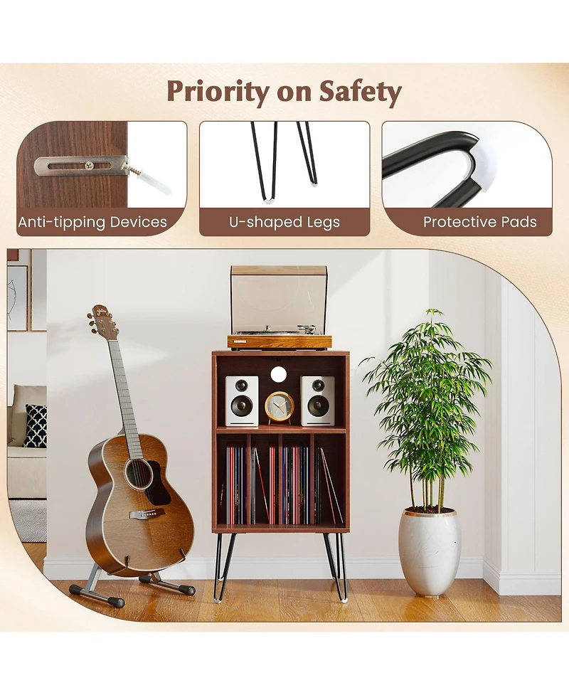 Sugift Record Player Stand with Charging Station Turntable Stand with Vinyl Storage-Walnut