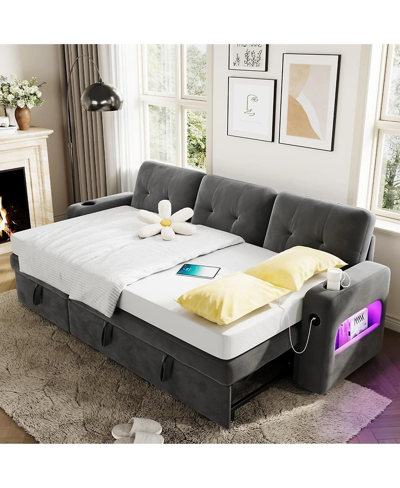 gaomon 84" Sleeper Sofa with Storage and Charging Station, Convertible Sectional Couch Bed Led Lights, Reversible Chaise, Pull Out