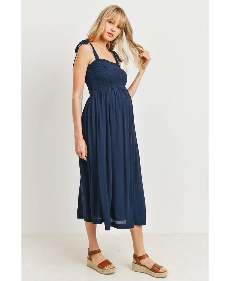 Hello Miz Maternity Smocked Tie-Shoulder Midi Dress