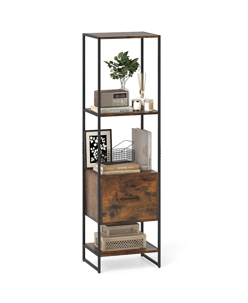 Gouun 5-Tier Narrow Bookcase with Open Shelves and Storage Drawer, 18 x 14 x 62.5