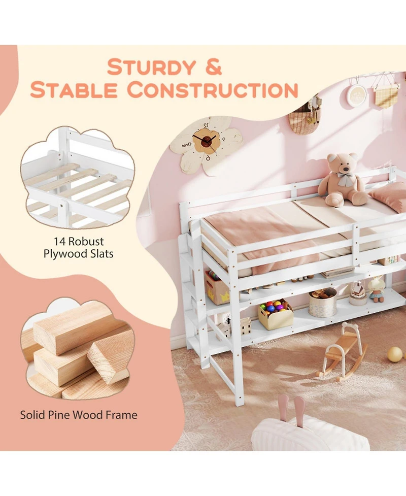 Gouun Kids Loft Bed with Storage Shelves and Safety Guardrails