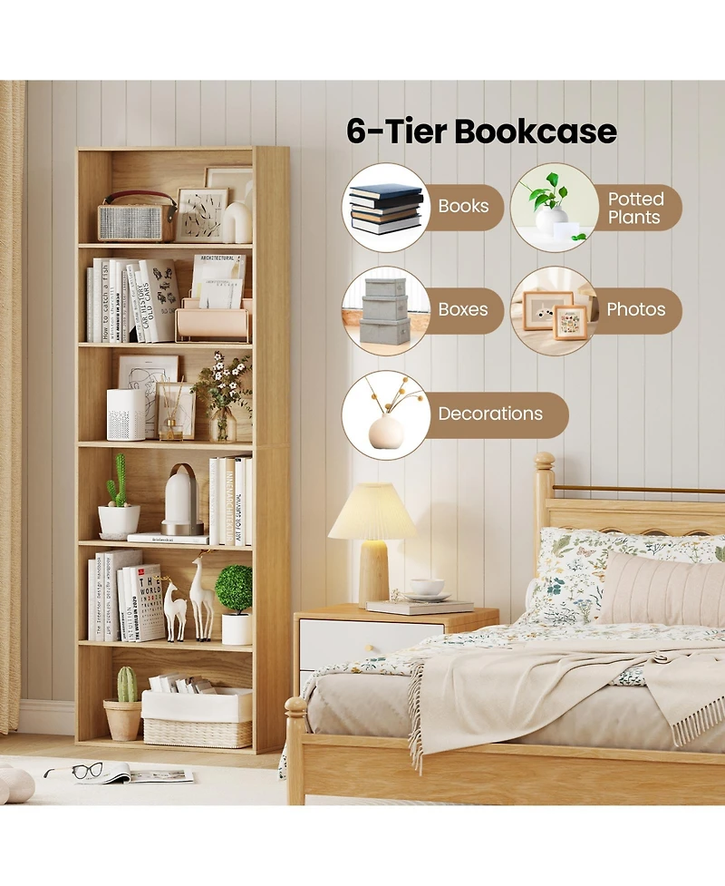 Gouun 6-Tier Bookcase with 6 Open Shelves and Anti-Toppling Kits, 23.5 x 9.5 x 70 in