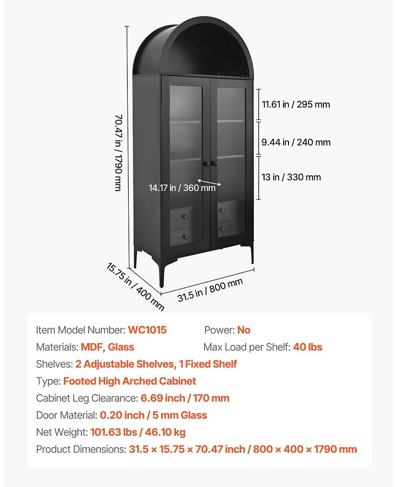 Gouun Arched Display Cabinet with Glass Doors, Tall Curio Cabinet