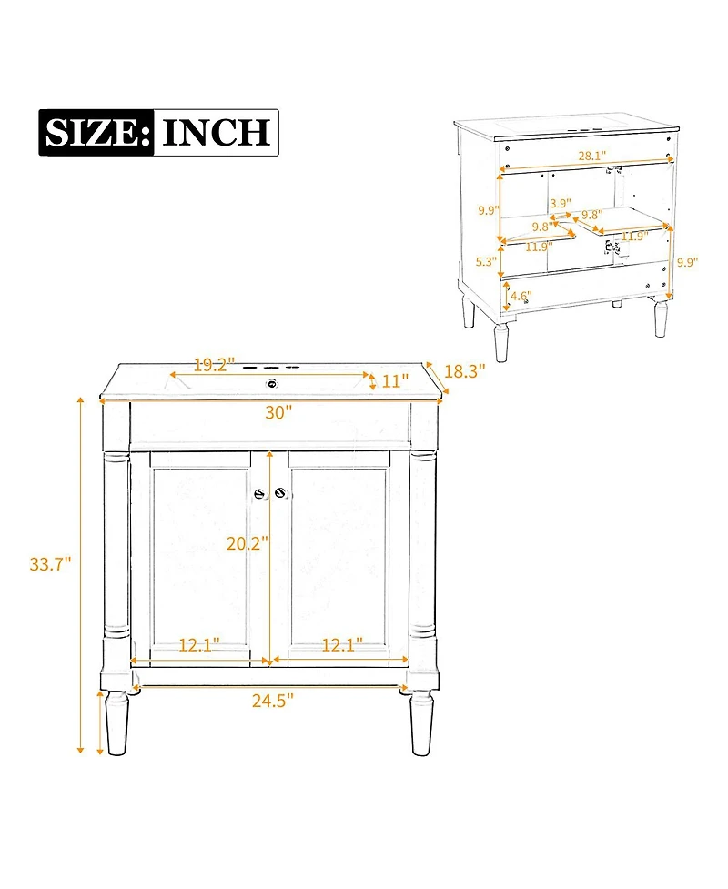 Sillysis Bathroom Vanity with Ceramic Sink, Modern White Freestanding Cabinet, Soft Closing Doors and Adjustable Shelf for Small Spaces-Sillysis