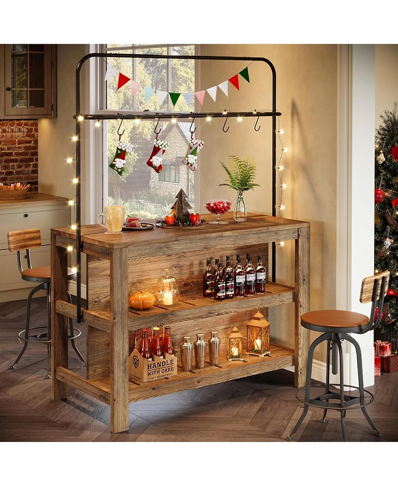 Tribesigns 3-Tier Solid Wood Bar Table, 47'' Industrial Home Bar Unit with Storage Shelves and Metal Rack with 5 hooks