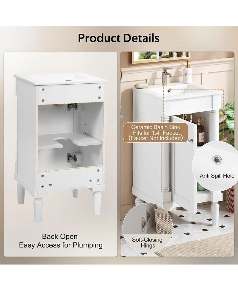Sillysis 18 Inch French Bathroom Vanity with Ceramic Sink, Modern Freestanding Cabinet, Soft Close Door and Adjustable Storage for Small Spaces
