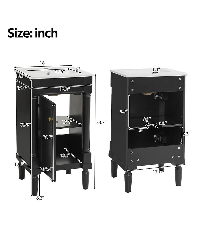 Sillysis 18 Inch French Bathroom Vanity with Ceramic Sink, Modern Freestanding Cabinet, Soft Close Door and Adjustable Storage for Small Spaces